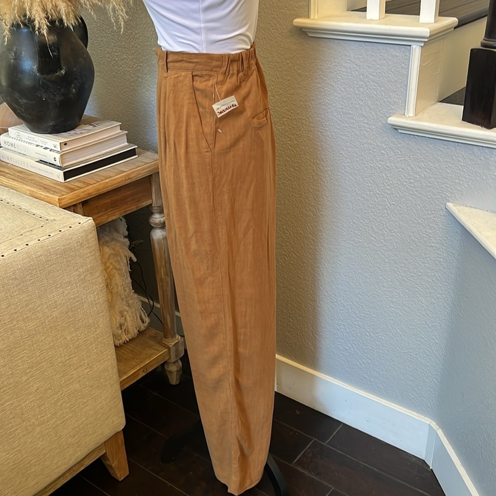 FREE PEOPLE NWOT LINEN PLEATED PANTS SLOUCH HOBO HIPPIE BROWN SIZE SMALL - Picture 3 of 7
